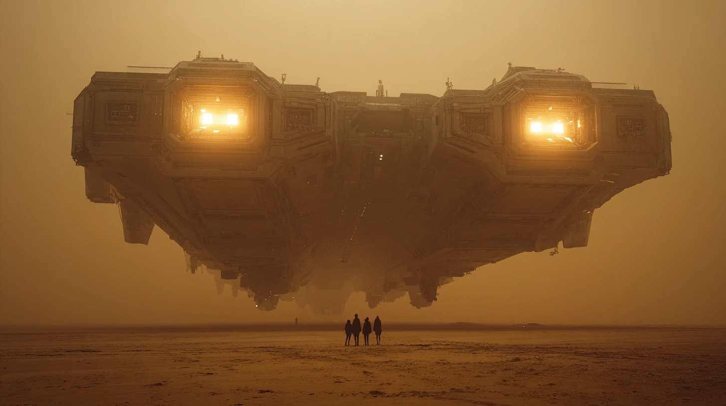 Enorme nave espacial imperial sobre un planeta desértico distante