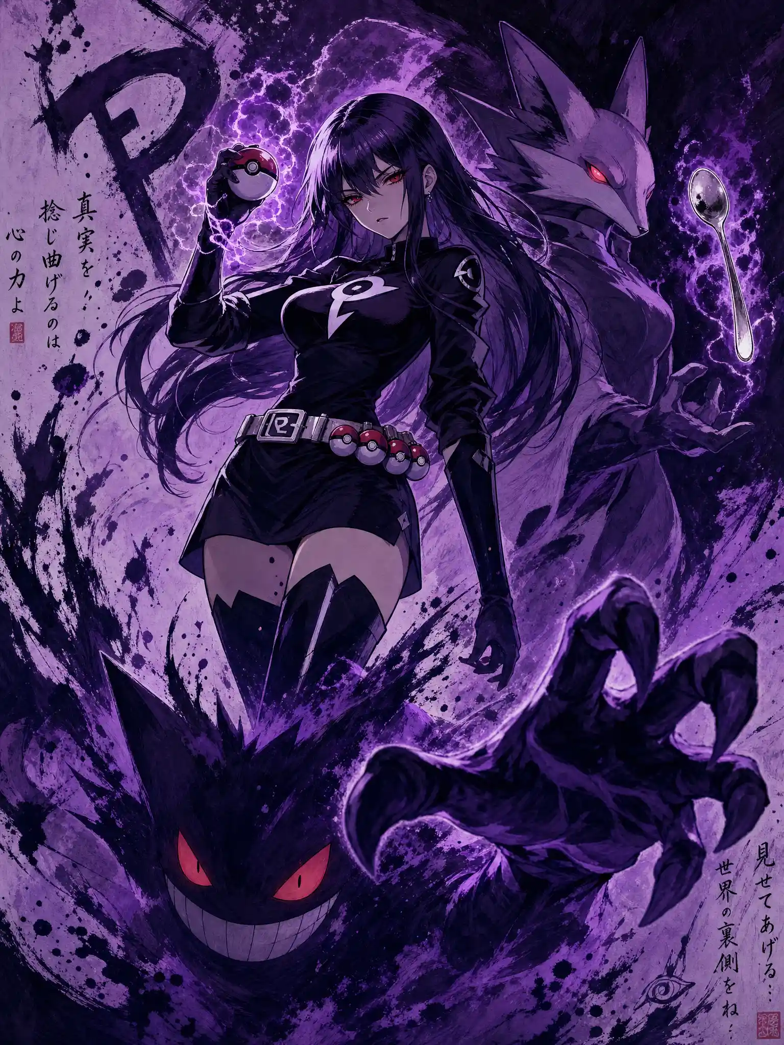 Psychic anime woman with ghostly pokemon in ink chaos