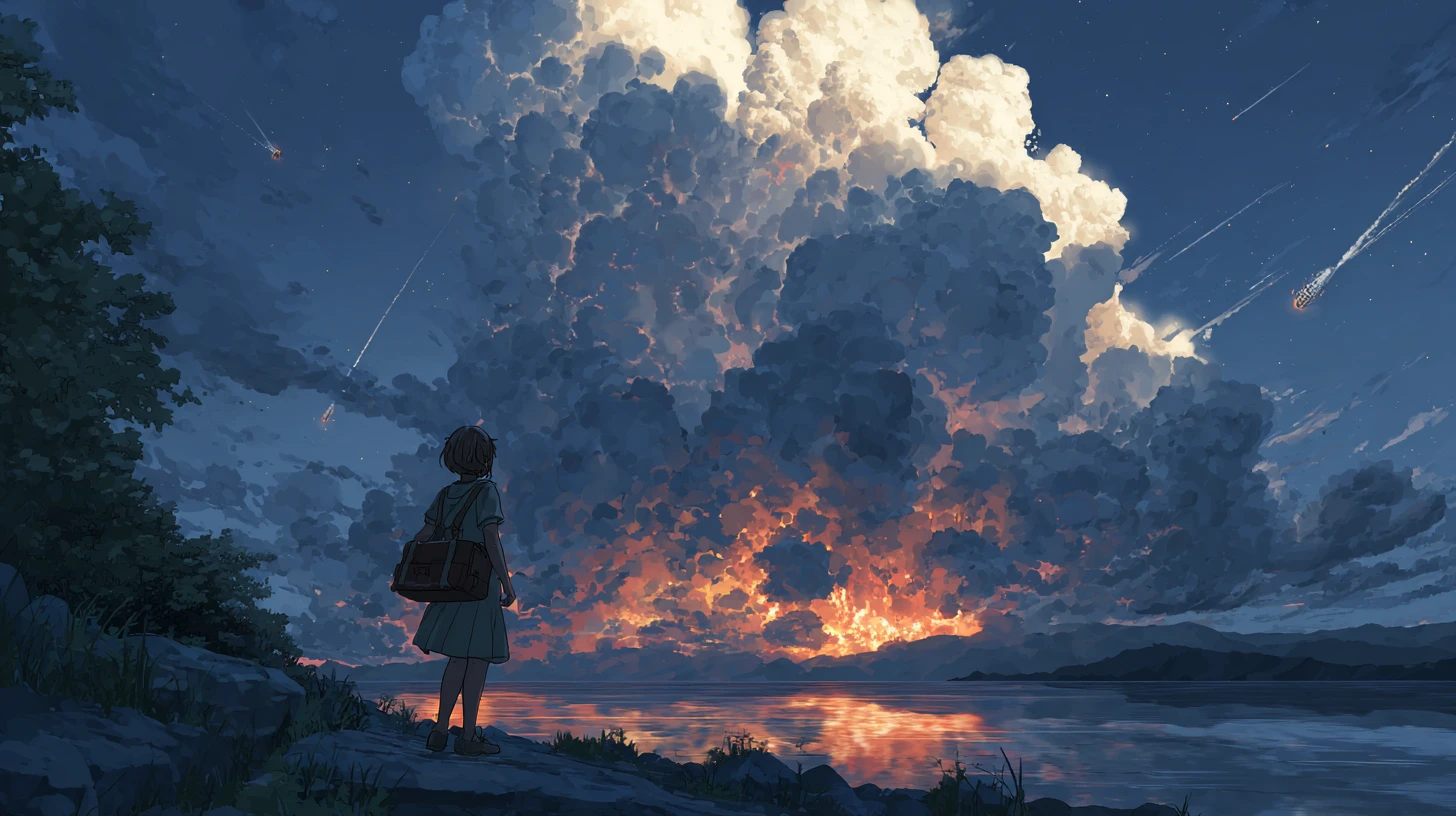Chica anime pionera mirando las nubes sobre un lago de montaña