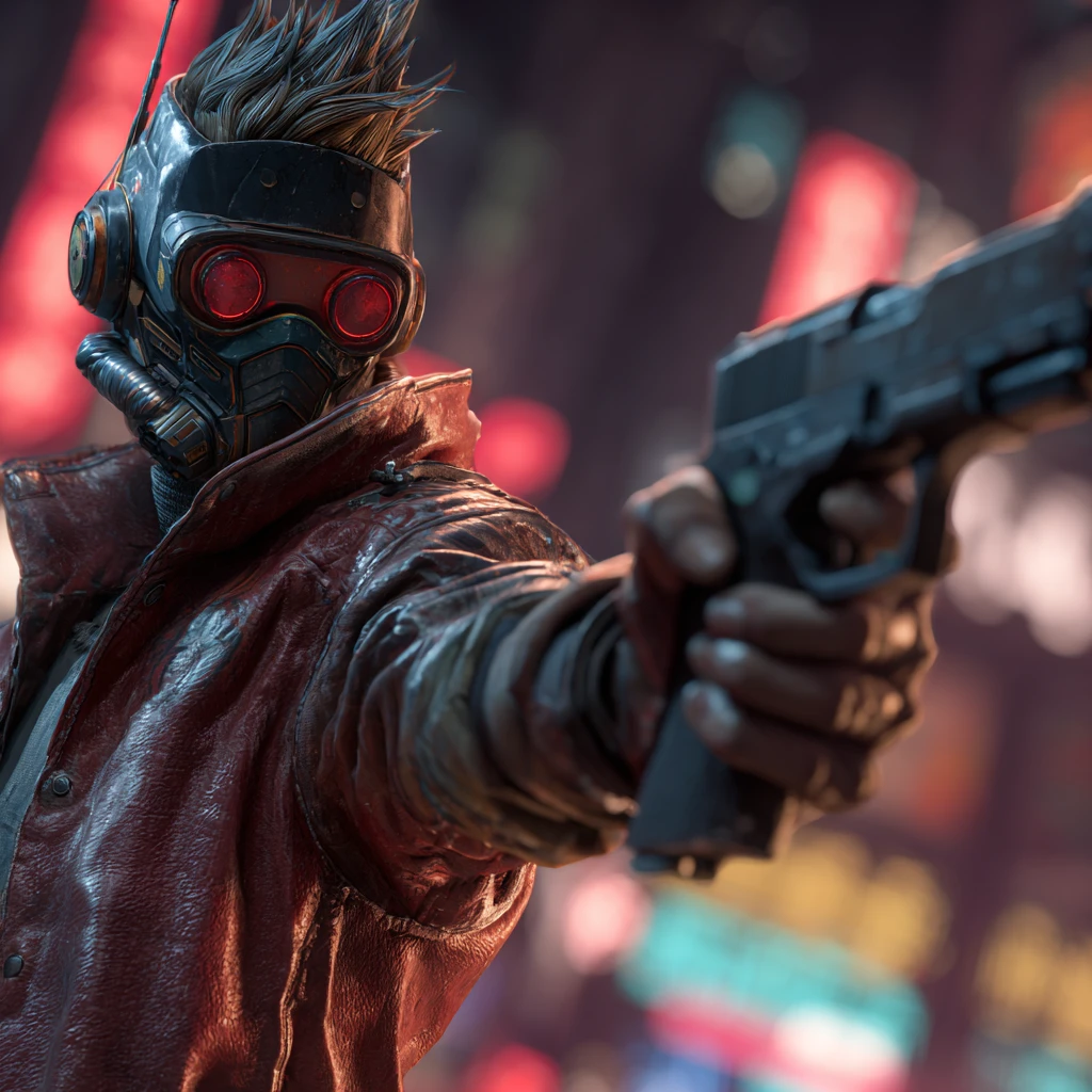 Guerrero guardián cyberpunk en pose de acción 3D dinámica