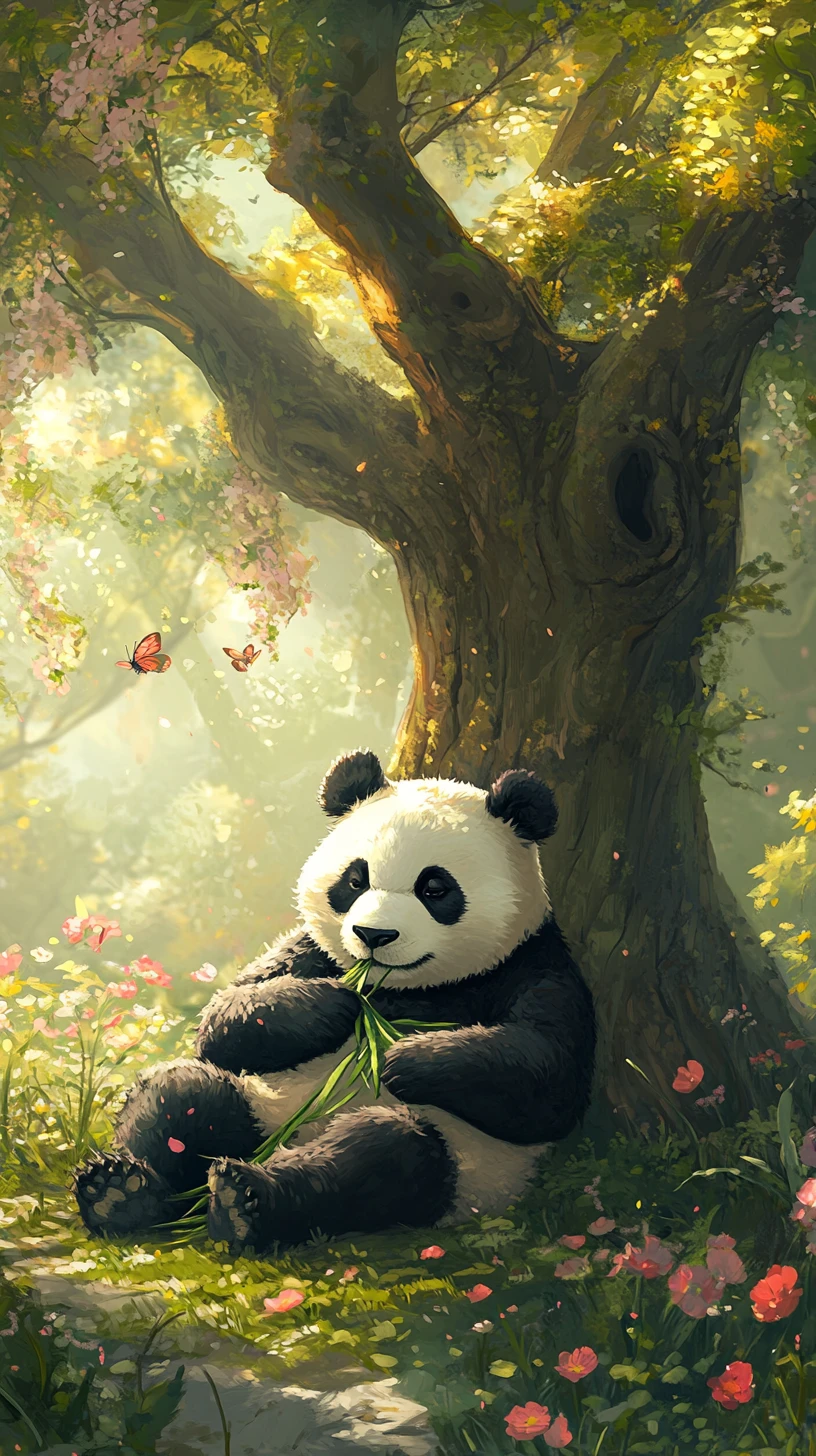 Contented panda eating bamboo under a blooming summer tree