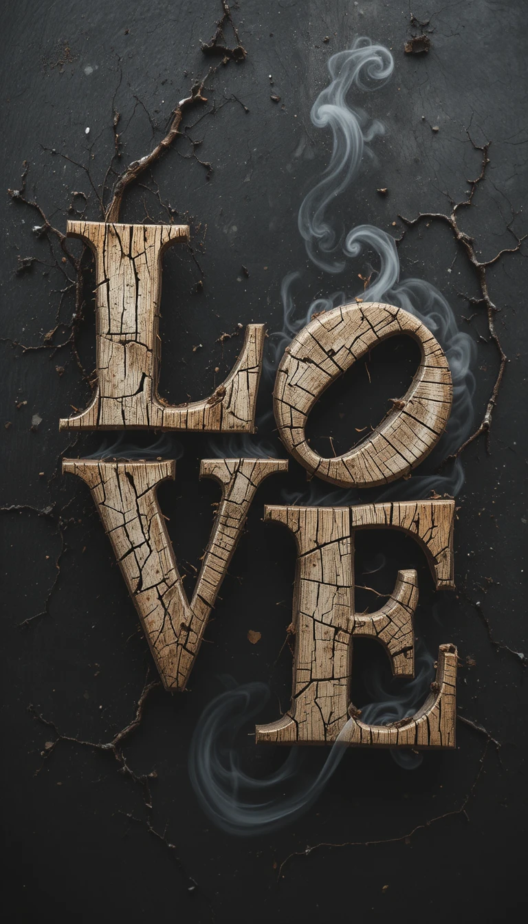 Burnt wood turning into coffee steam letters spelling love