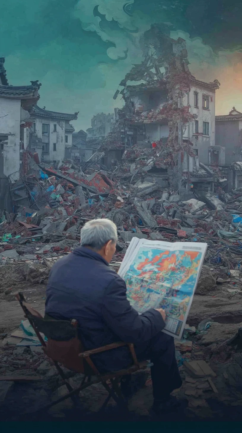 Anciano leyendo un periódico en un barrio urbano bombardeado