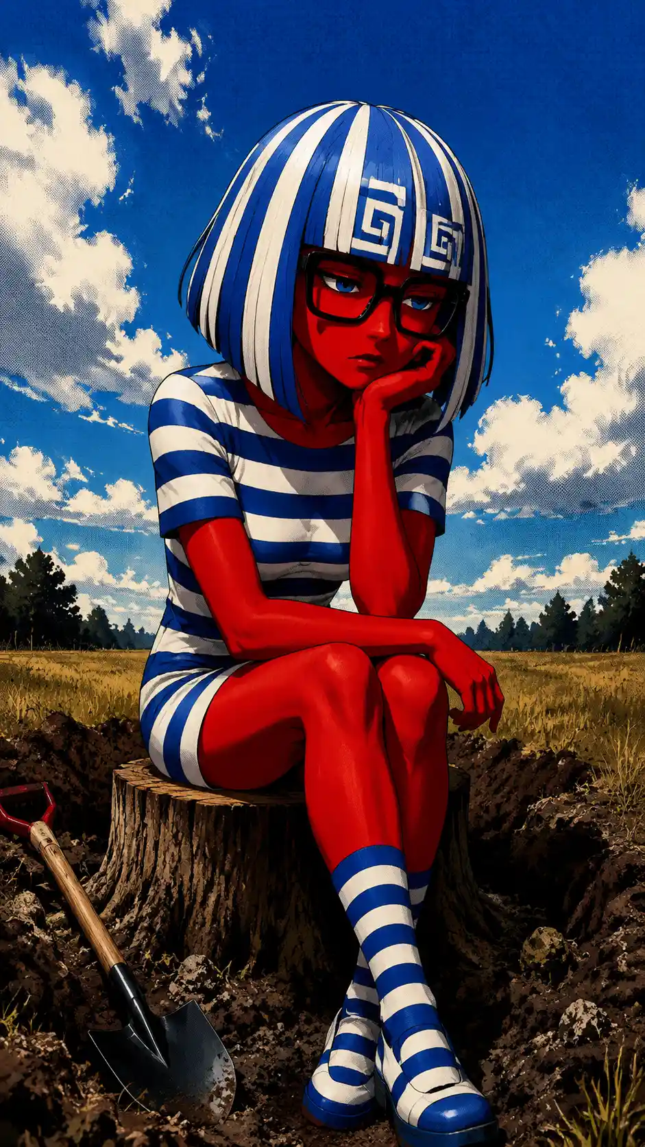 Woman with striped hair sitting thoughtfully on a stump