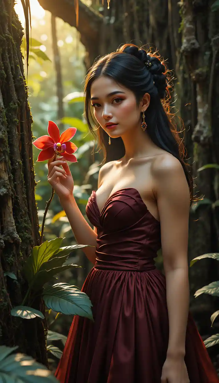 Elegant woman in red dress among tropical jungle orchids