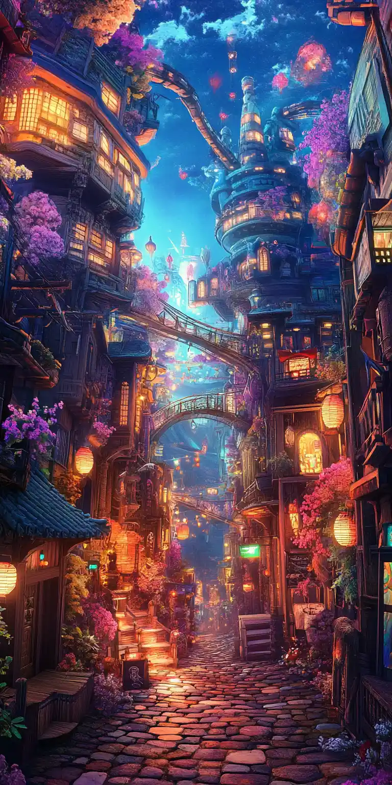 Surreal fantasy metropolis with winding labyrinthine streets