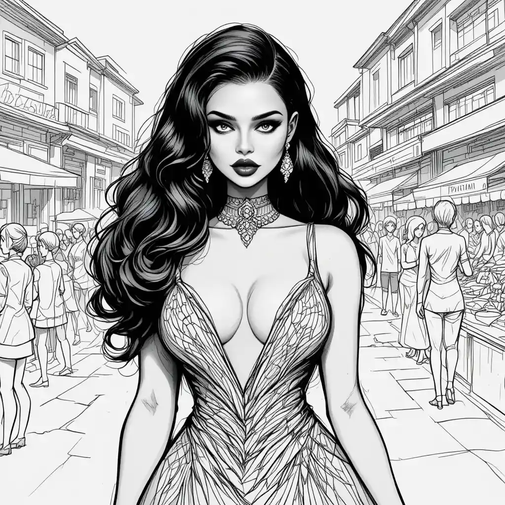 Elegant woman in plunging dress at busy street market
