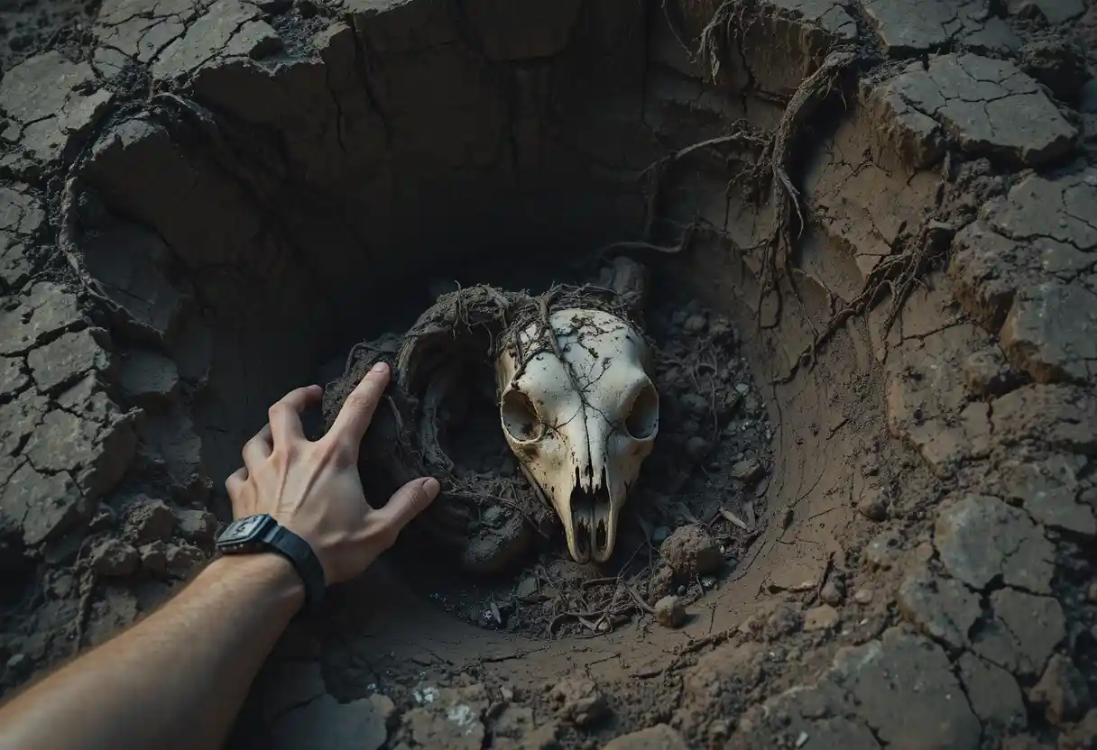 Deer skull emerging from dark earth in top down excavation