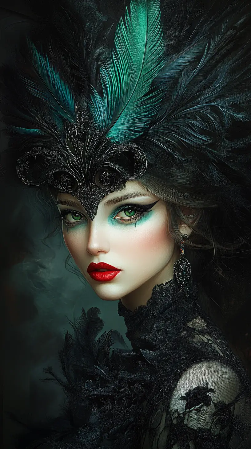Glamorous woman in feathered headpiece with smoky backdrop