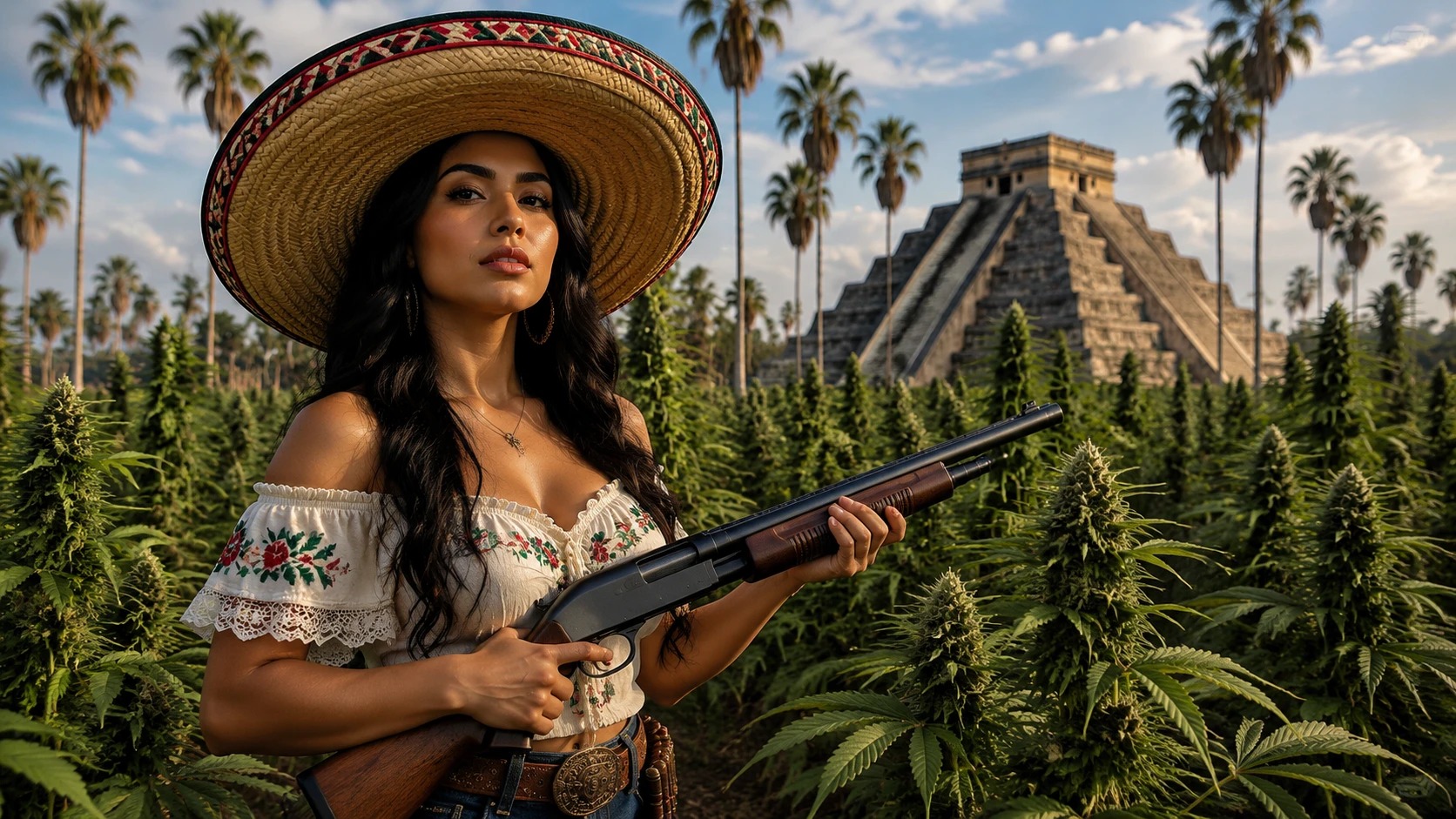 Mexican woman with shotgun standing in a marijuana field