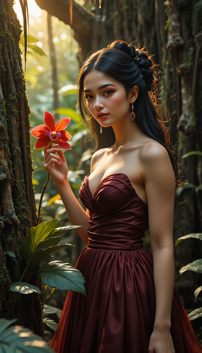 Elegant woman in red dress among tropical jungle orchids
