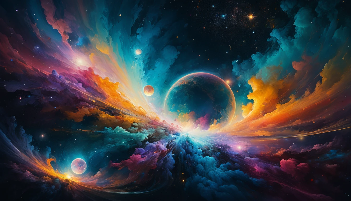 Cosmic atoms swirling in an abstract oil painted space