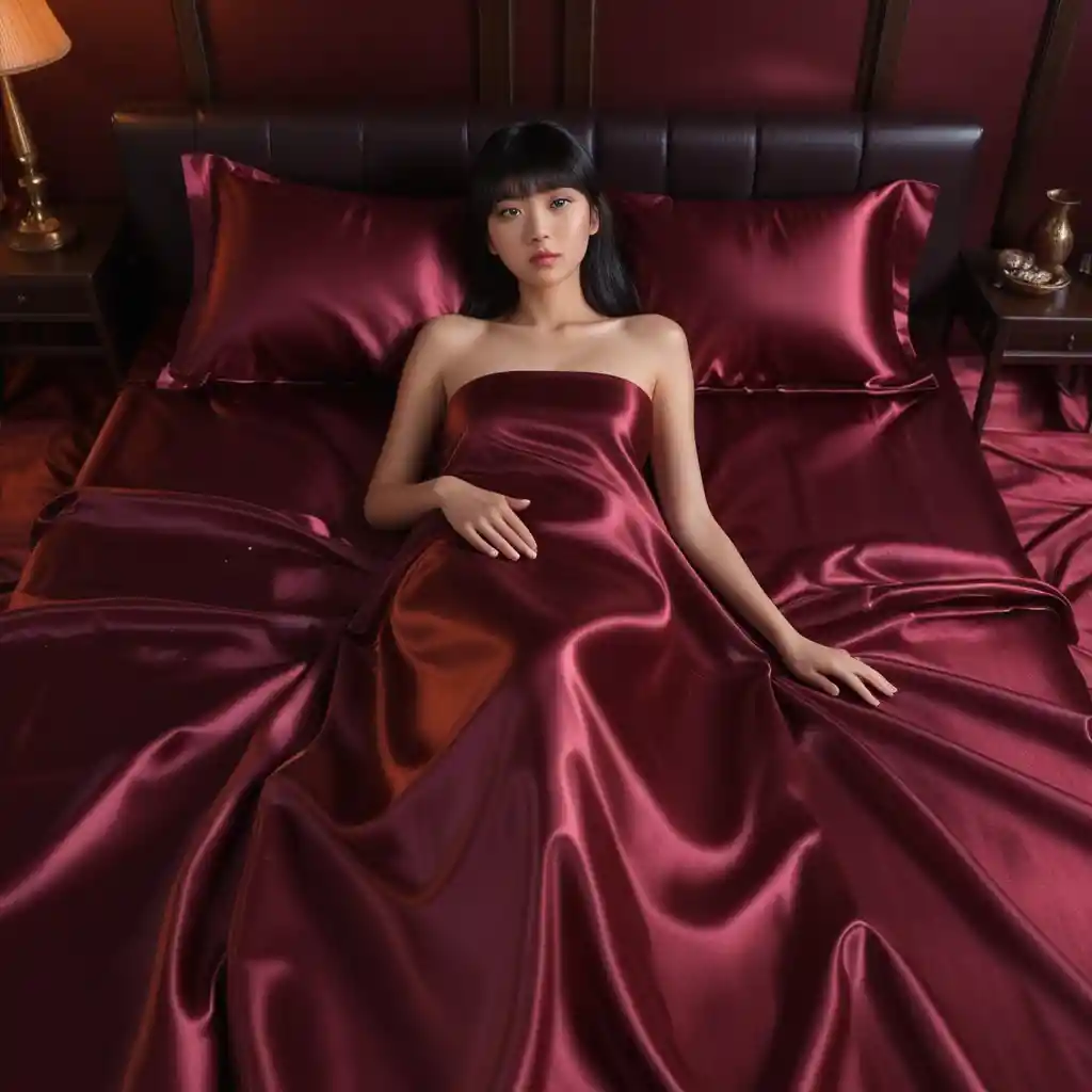Japanese woman lying on glossy maroon satin bed sheets