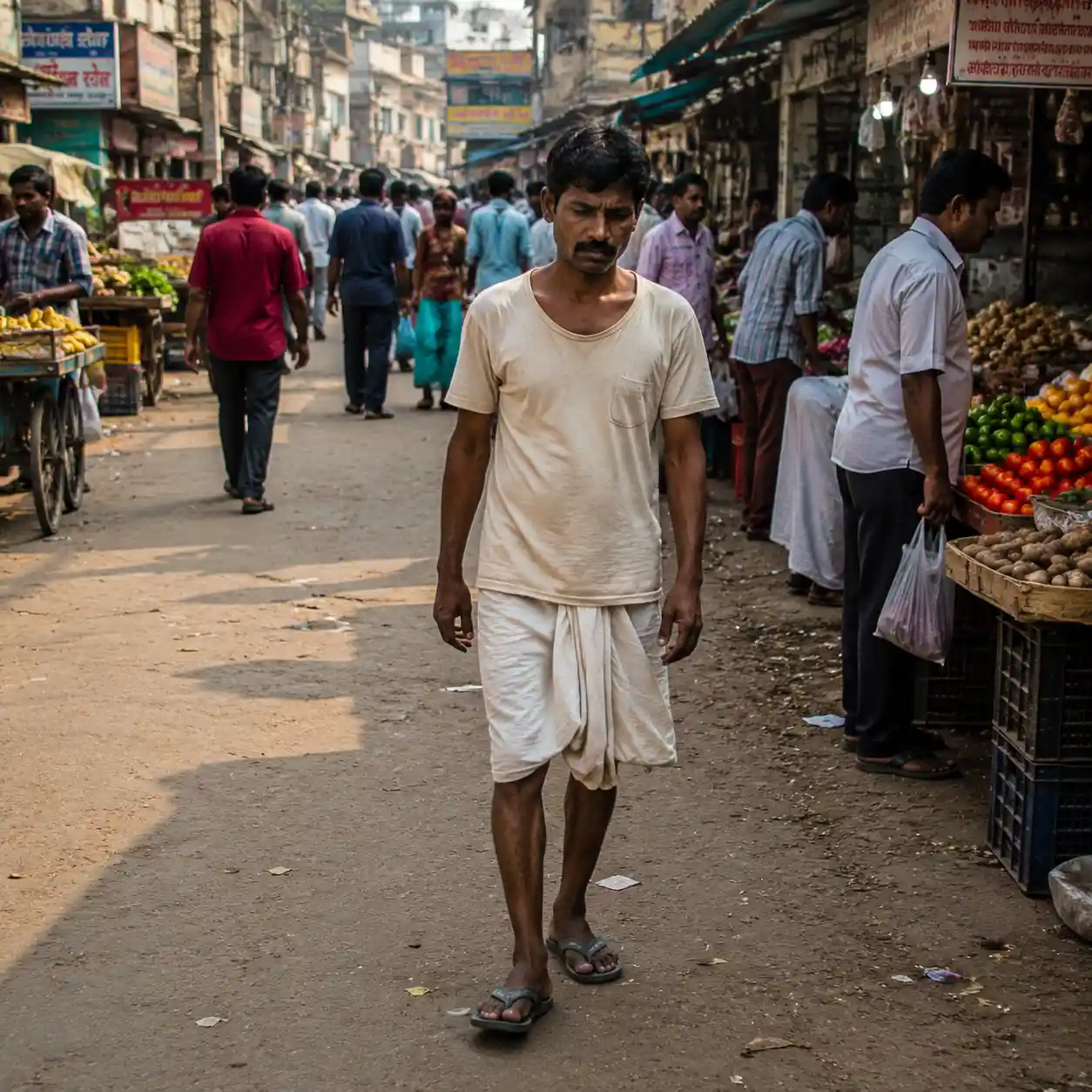 Rural Indian farmer walking through a busy street market