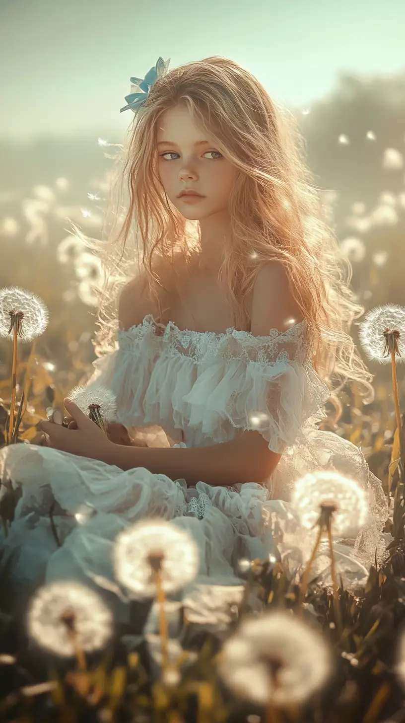 Young girl in white dress sitting in dandelion meadow