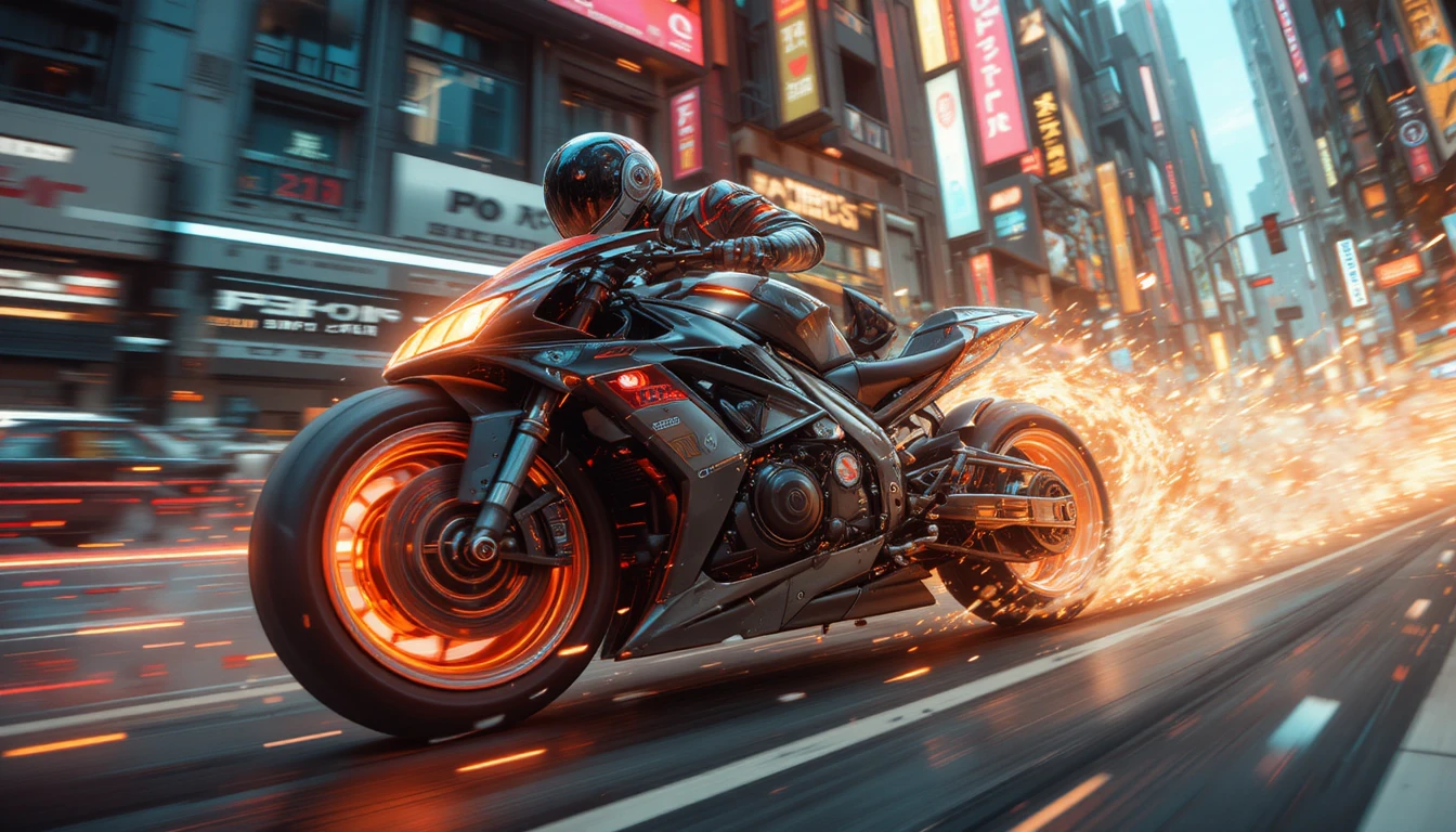Futuristic wheelless motorcycle racing through a glowing city