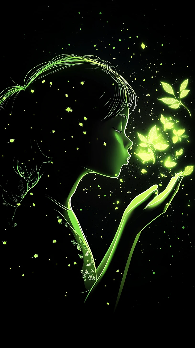 Glowing Silhouette Girl Blowing Luminous Leaves Into Darkness