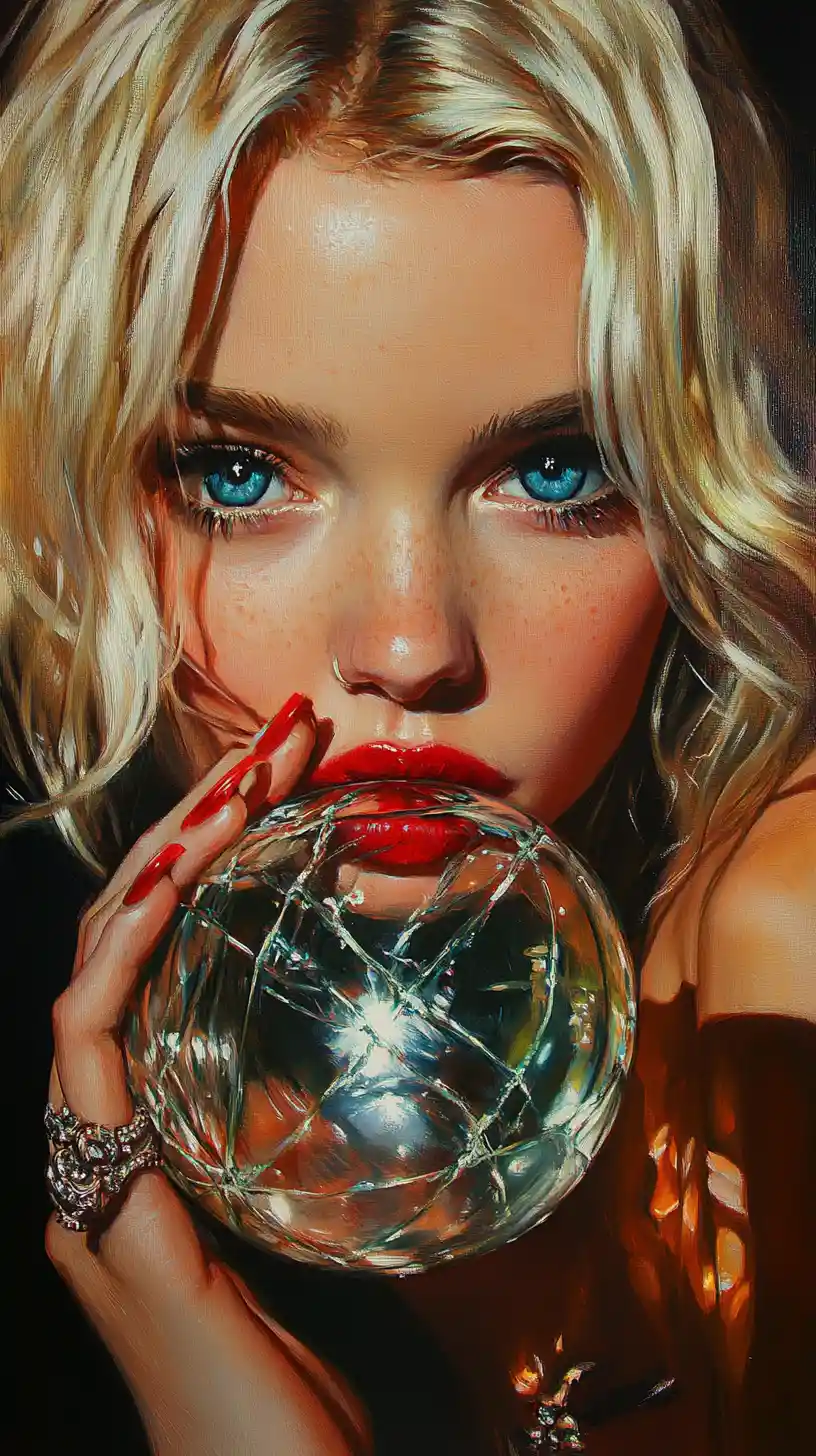 Blonde woman with glass ball and intense blue eyes