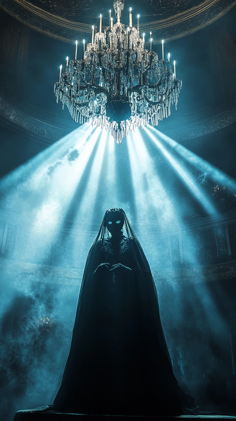 Masked figure on stage in a gothic theater under chandelier
