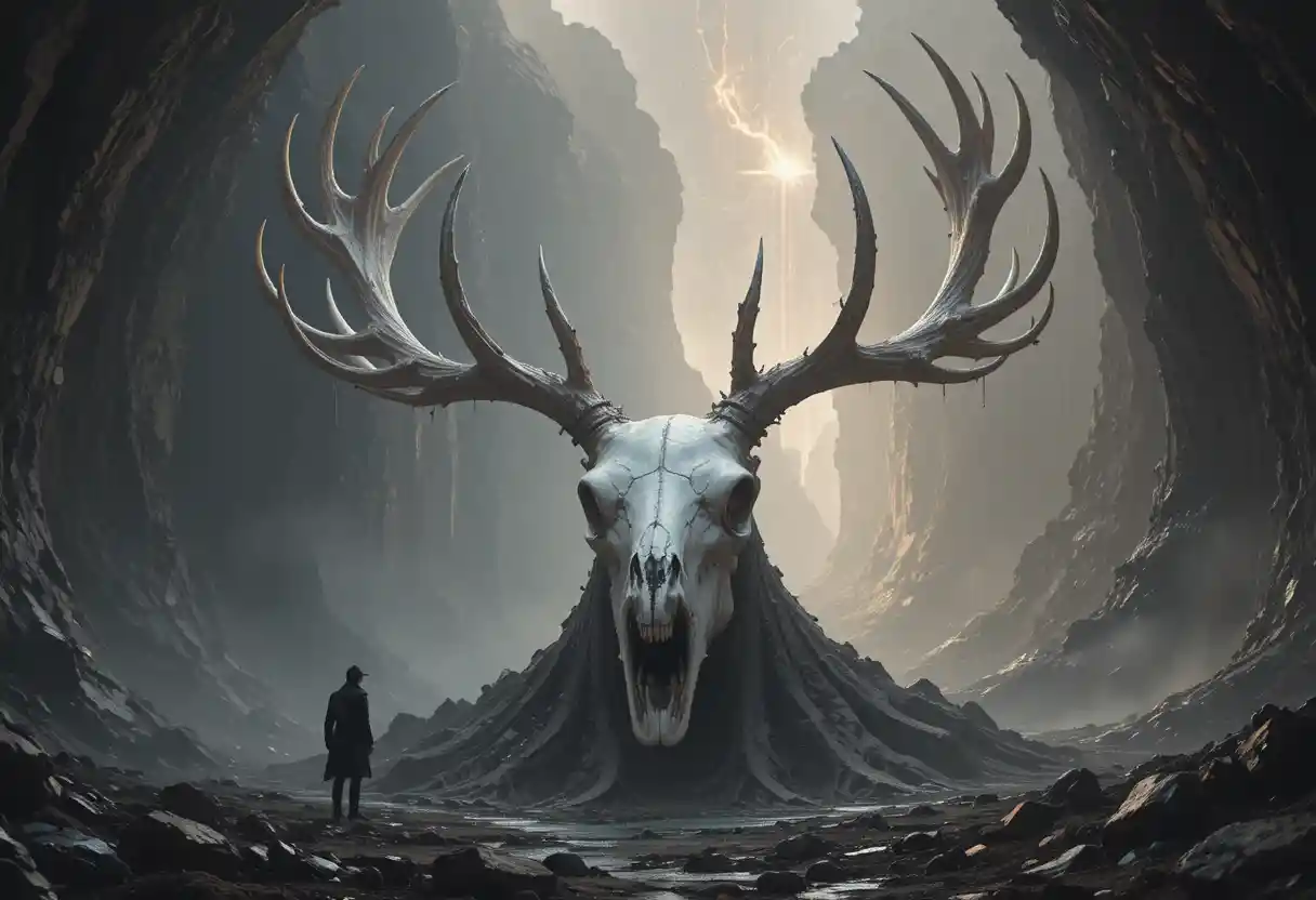 Giant deer skull emerging from a mystical rocky chasm