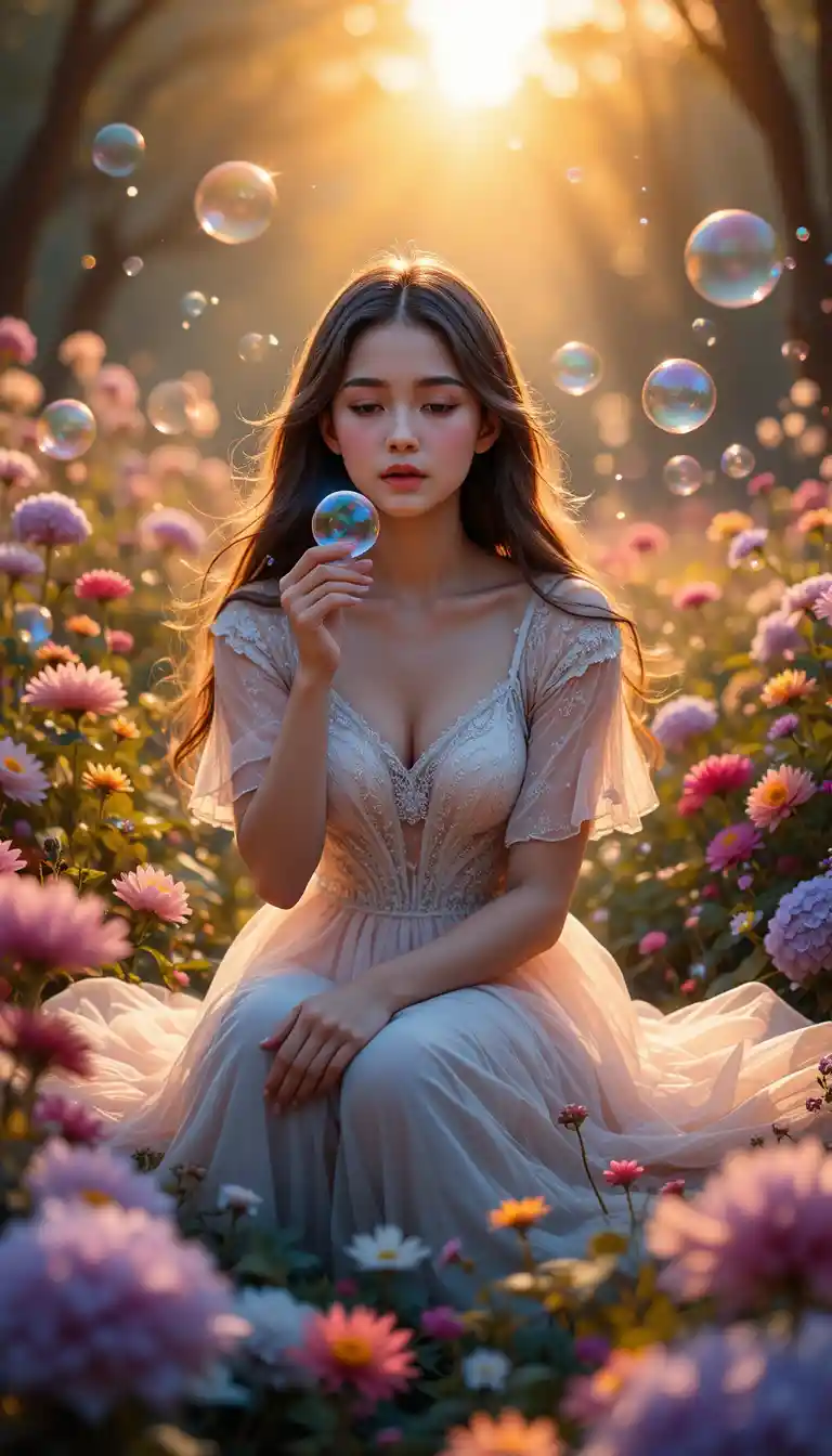 Young woman blowing soap bubbles in magical flower garden