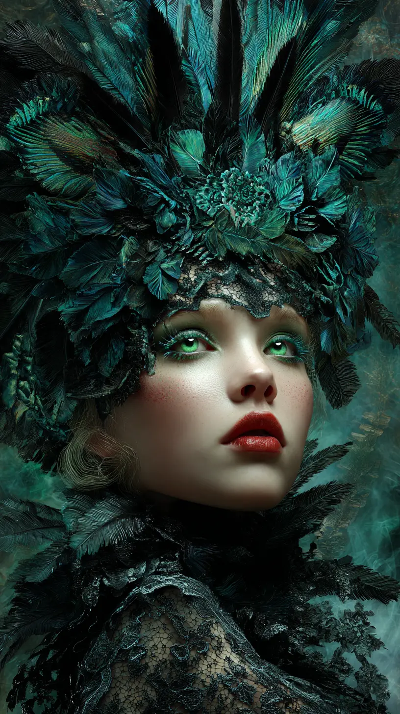 Glamorous woman in feathered headpiece with smoky backdrop