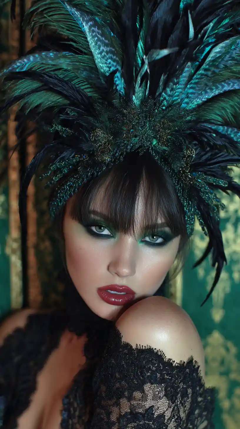 Glamorous woman with feathered headpiece and bold red lips