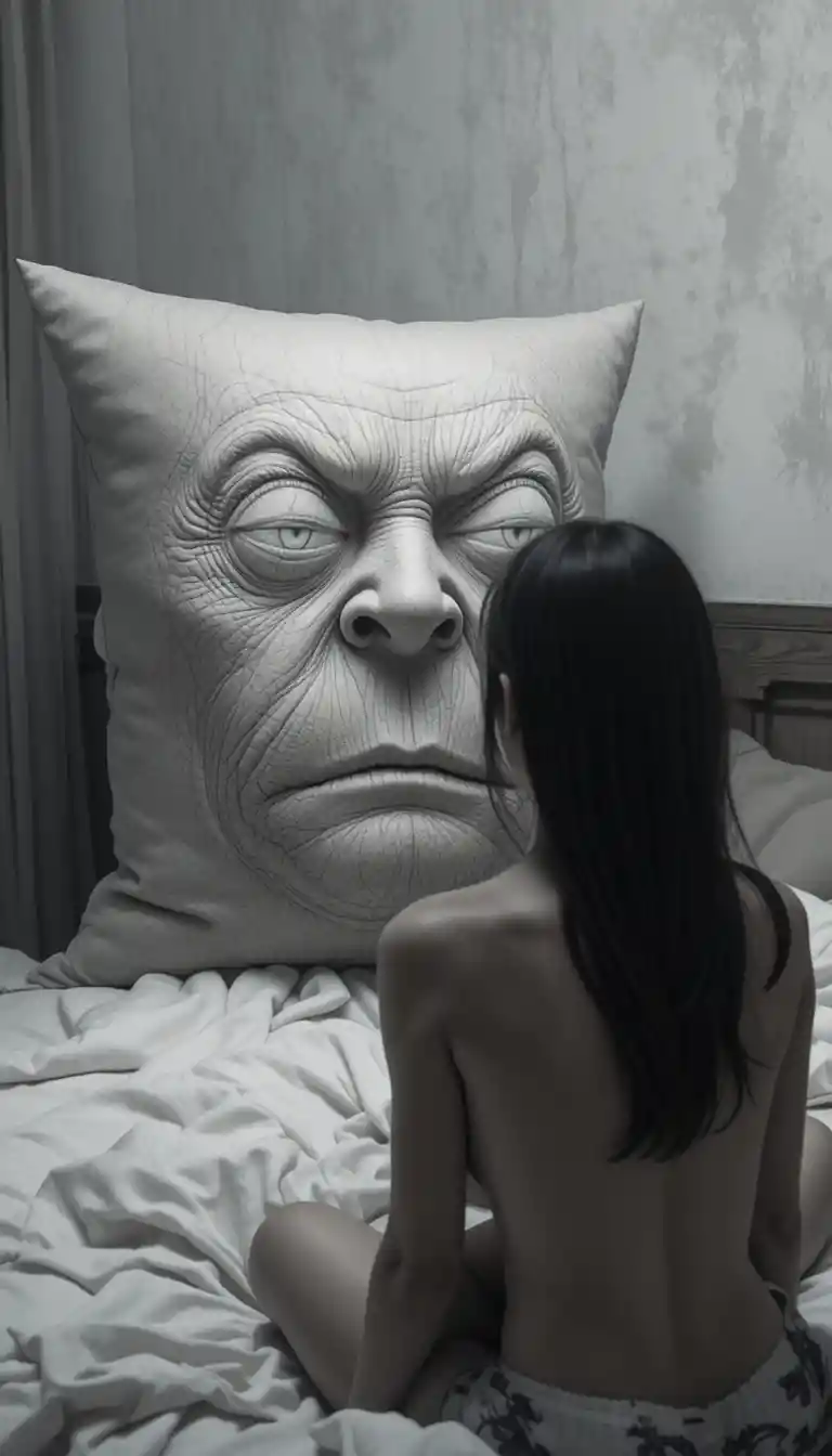 Woman on bed beside grotesque expressive pillow face