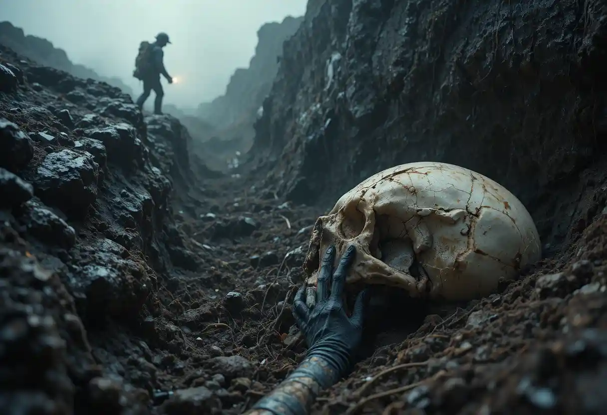 Excavator uncovering a skull in a misty dawn trench