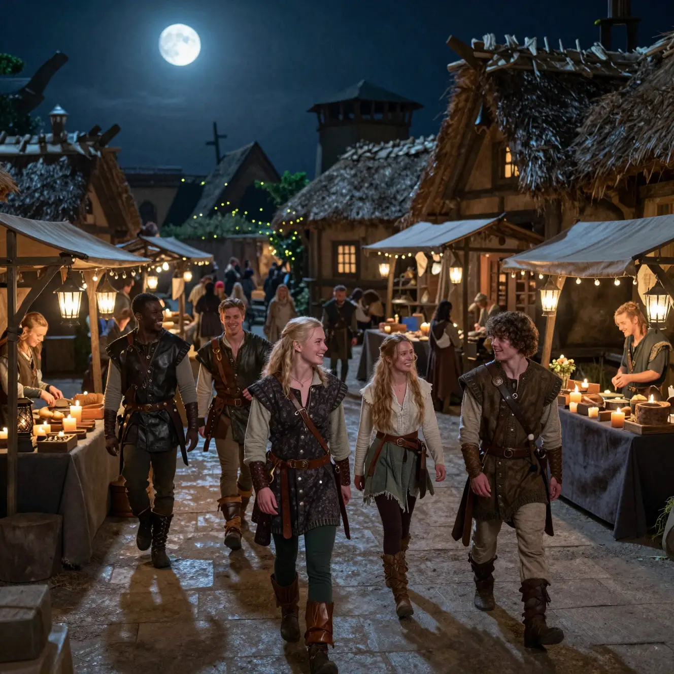 Friends explore a lantern lit fantasy market street at night