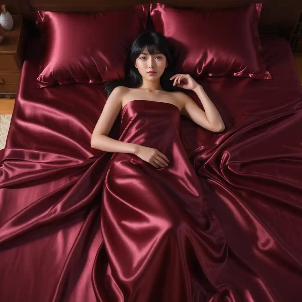 Japanese woman lying on glossy maroon satin bed sheets