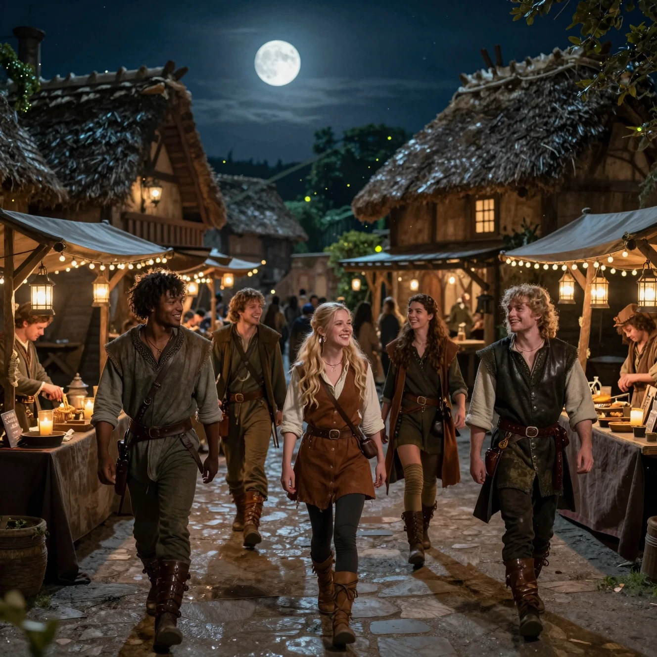 Adventurers Exploring A Fantasy Market Street At Night