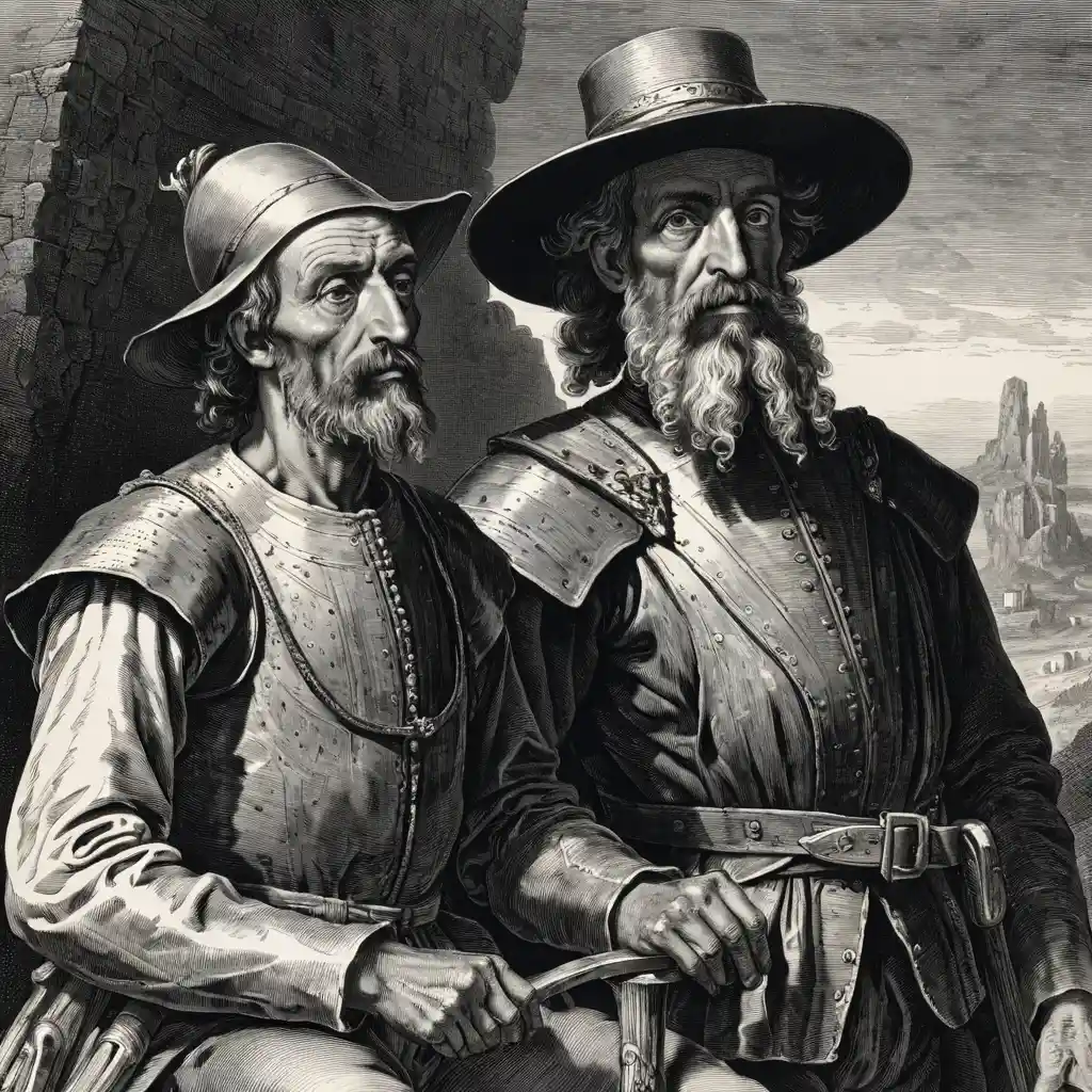 Close up portrait of don quixote and sancho panza engraving