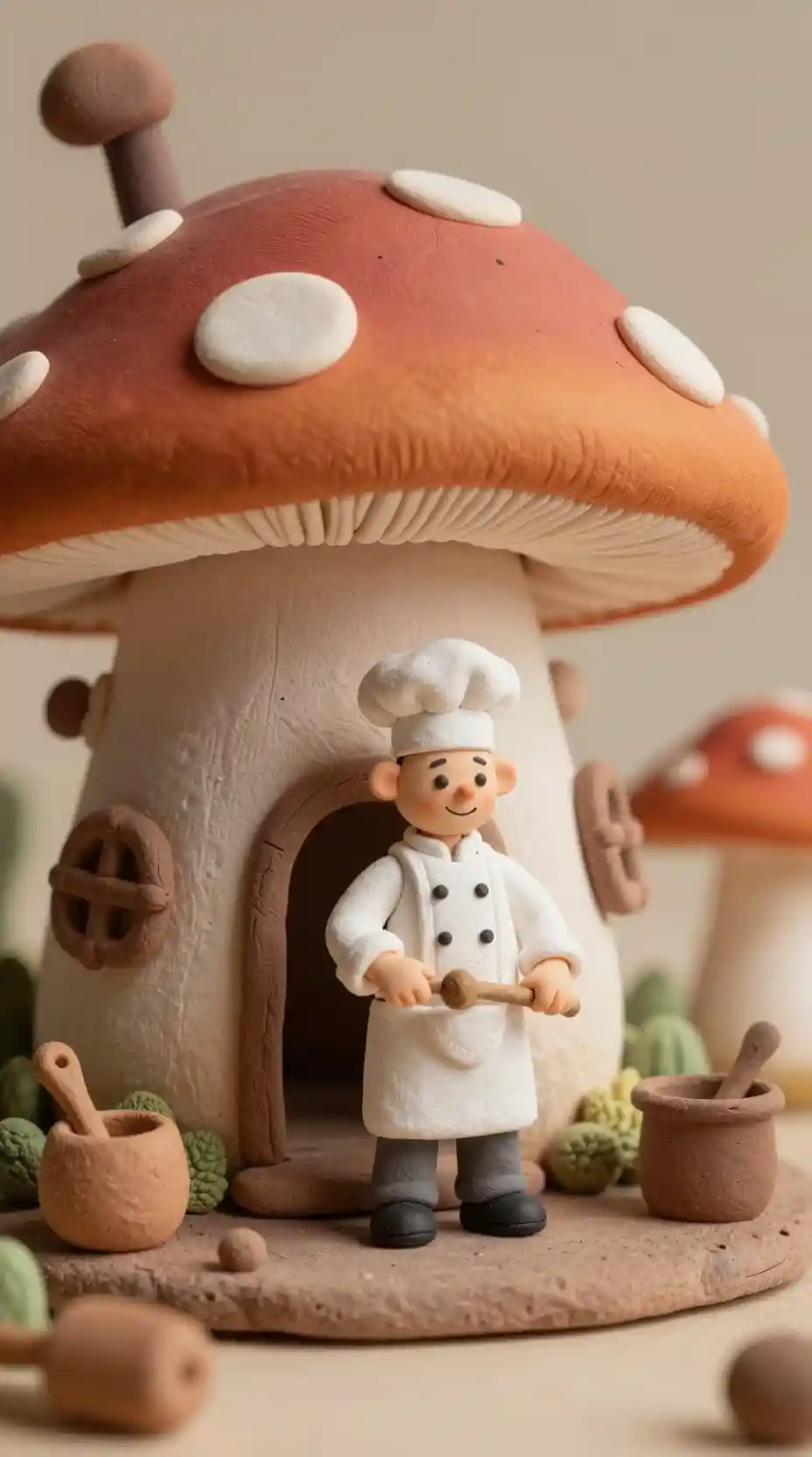 Tiny clay baker inside a cozy mushroom house scene