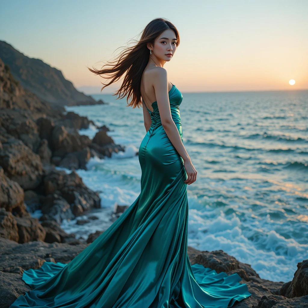 Donna coreana in abito di raso iridescente sulle scogliere sul mare