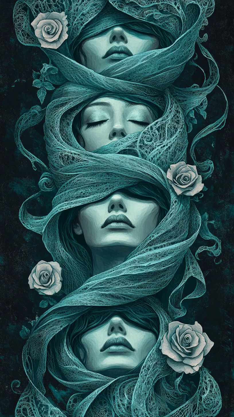 Vertical gothic trio of figures in flowing spiral arrangement