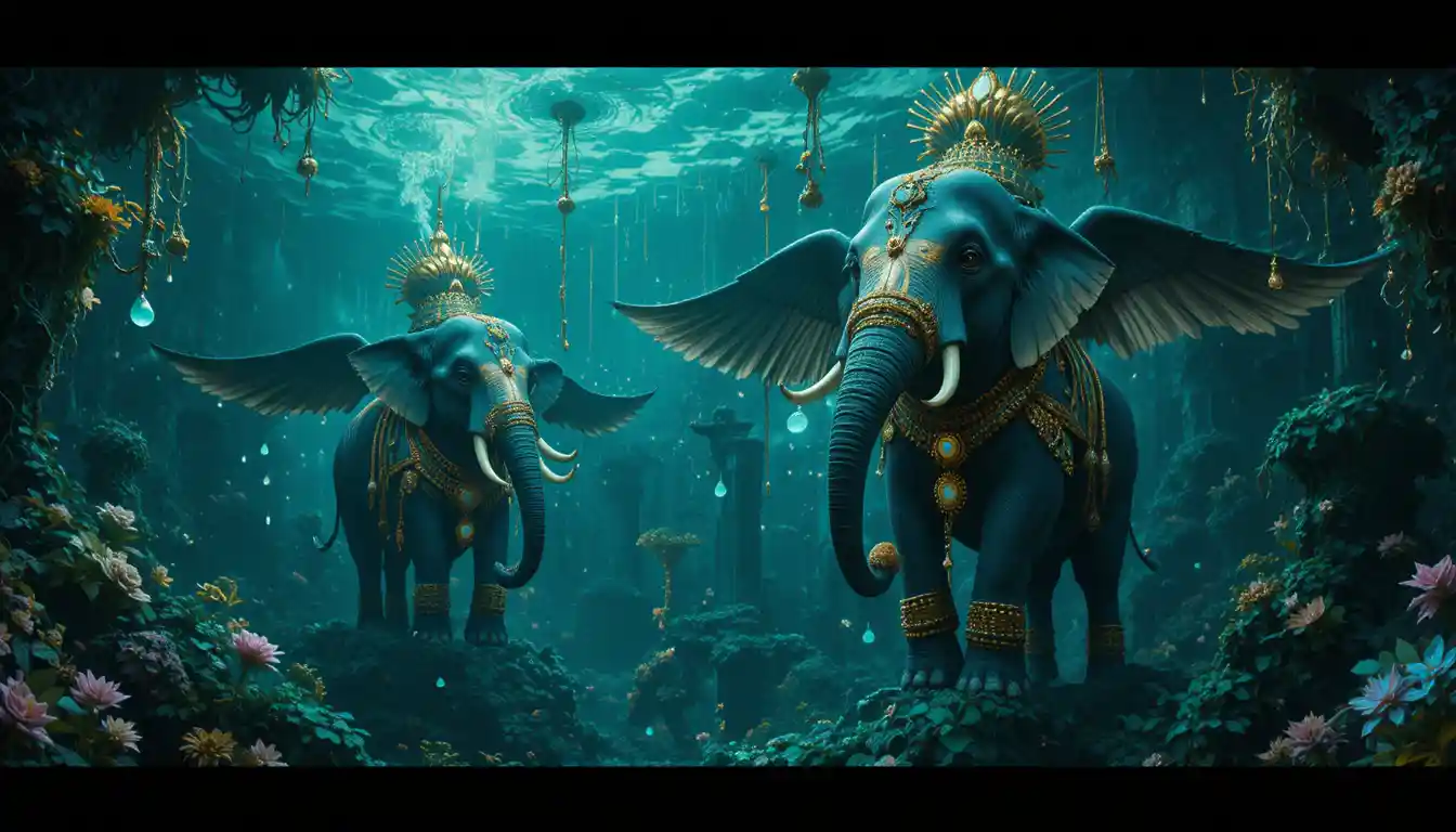 Flying Elephants Glide Through Luminous Underwater Ruins