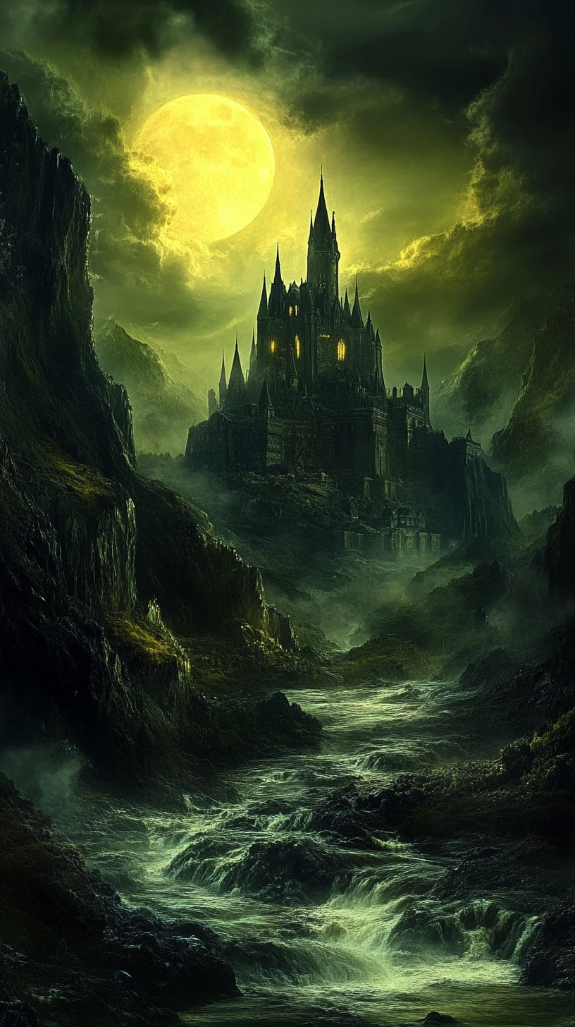 Mystical castle at night beneath a distant full moon
