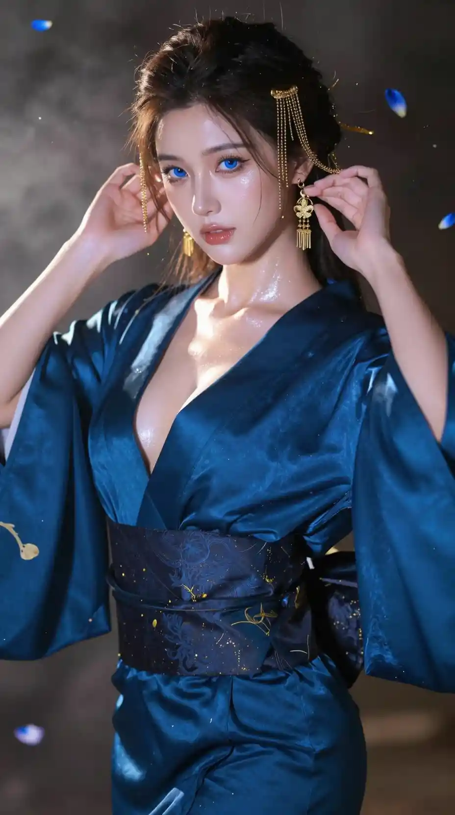Elegant woman in peacock blue silk kimono close up