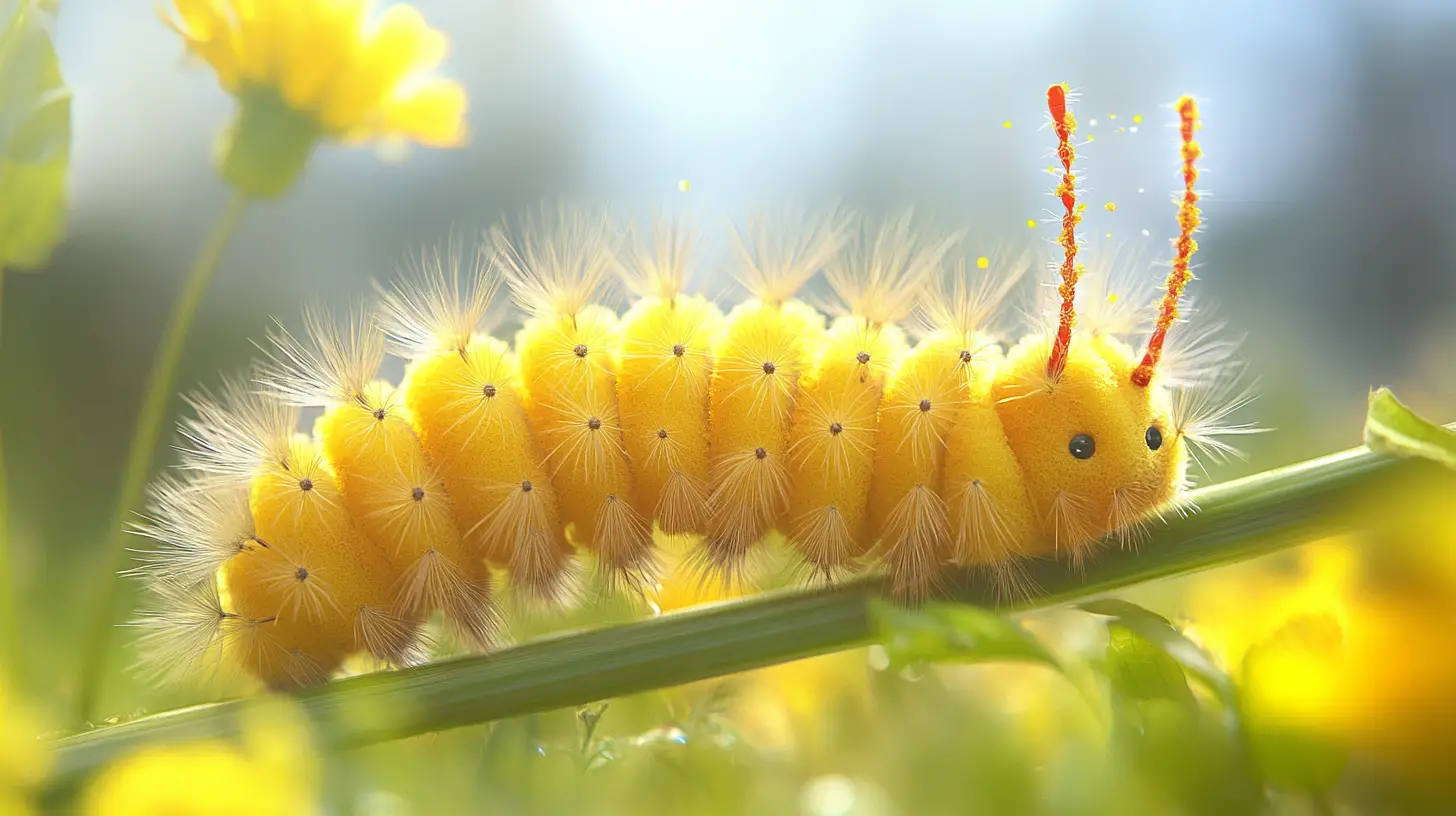 Whimsical digital caterpillar made of yellow dandelion fluff