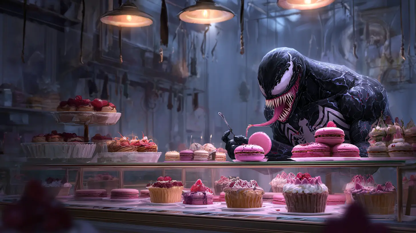Dark digital pastry shop inspired by monstrous symbiote style