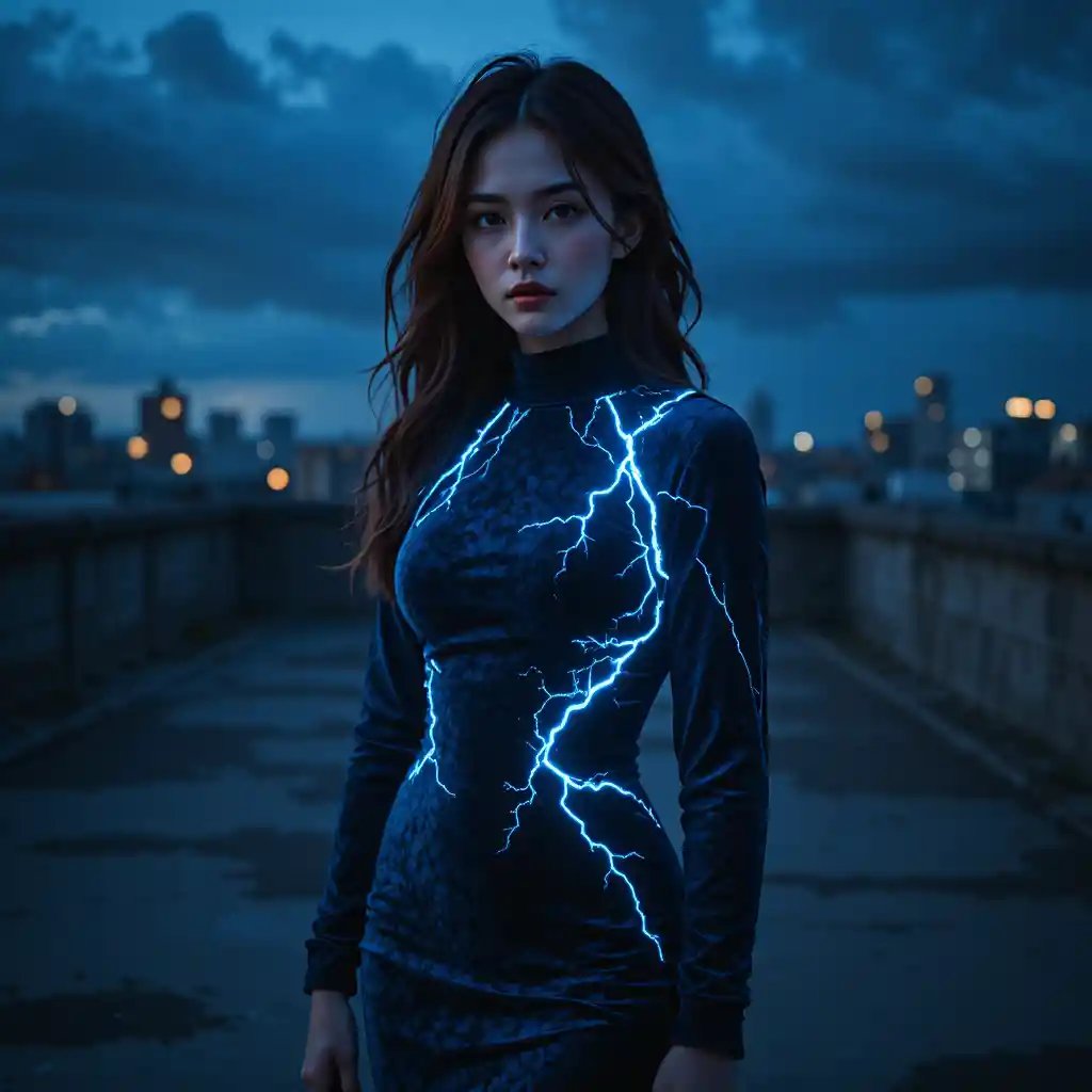 Korean woman in velvet gown on blue hour rooftop