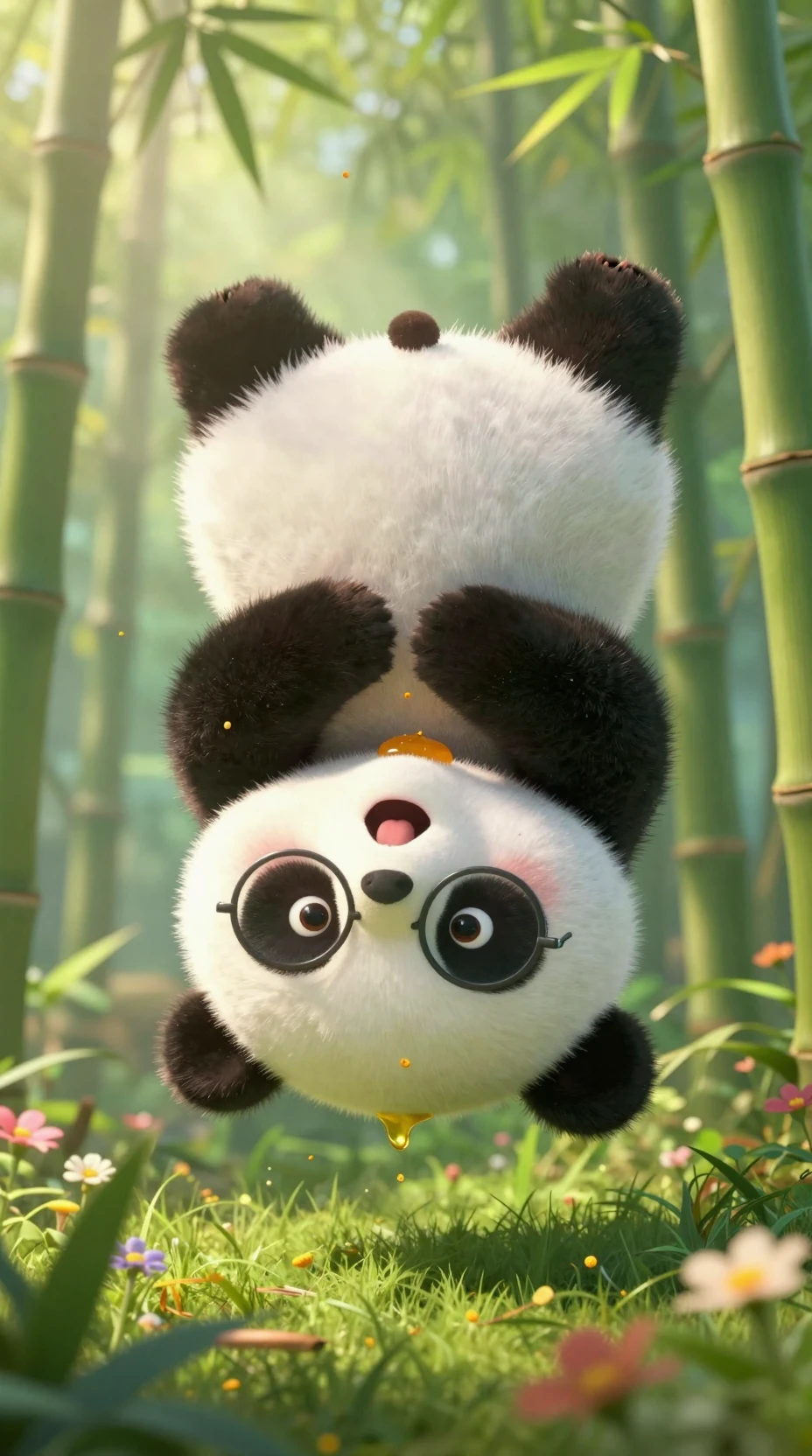 Cute baby panda stuck in bamboo hollow at sunset