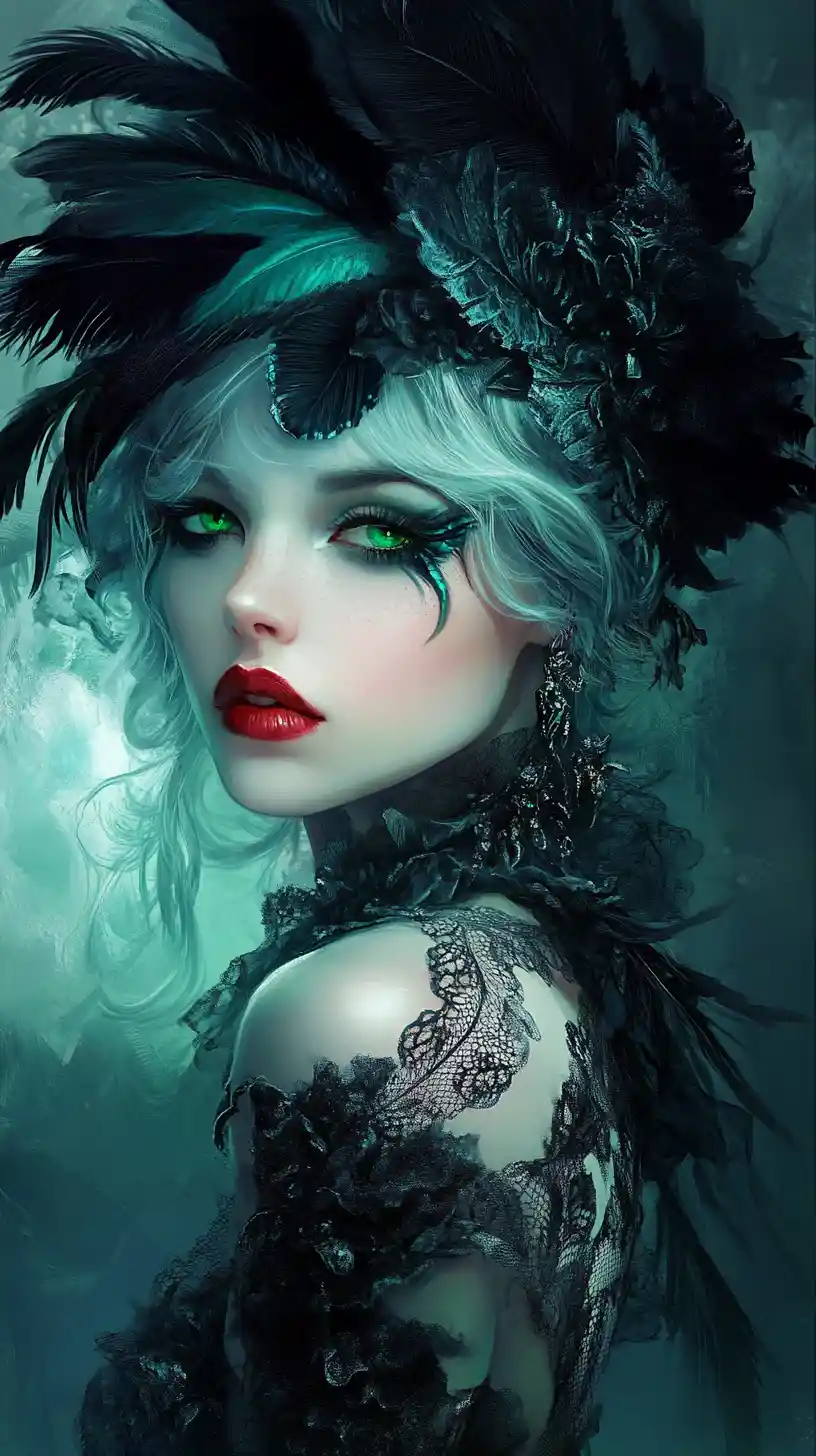 Glamorous woman in feathers with bold red lips