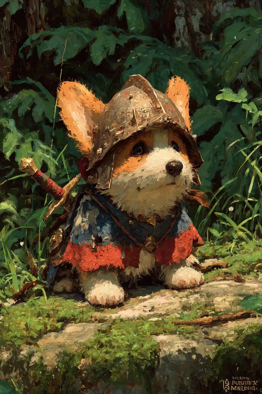 Grumpy Corgi Knight Resting On A Mossy Forest Stone