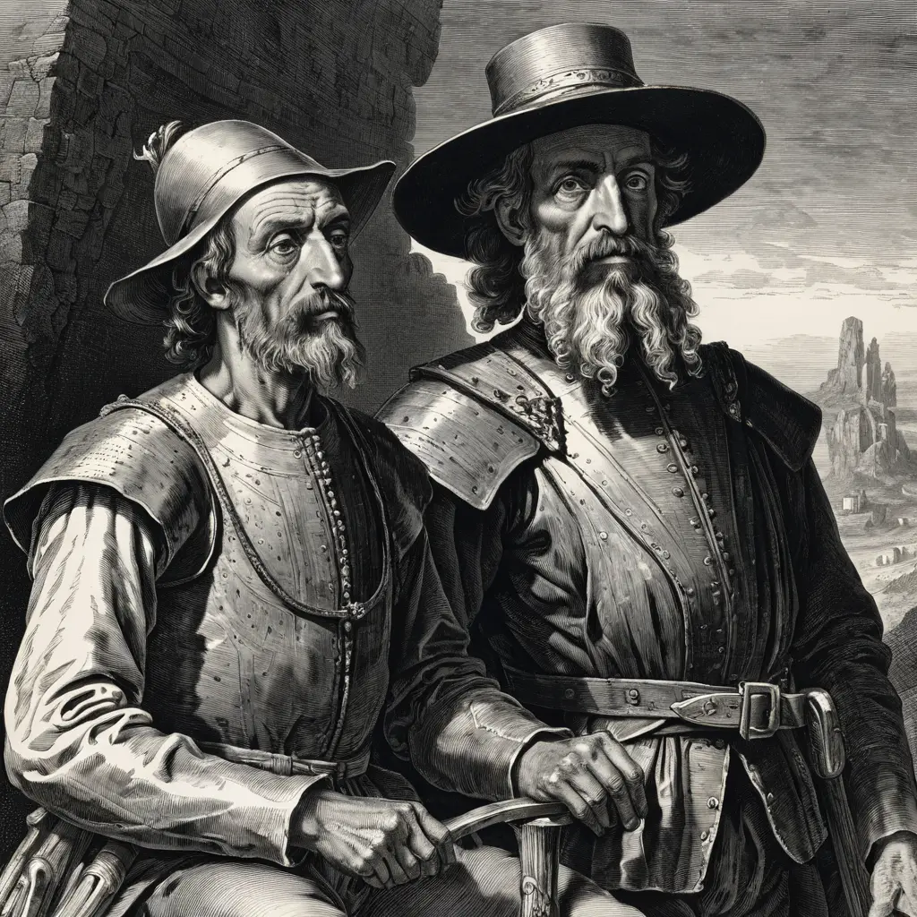 Close up portrait of don quixote and sancho panza engraving