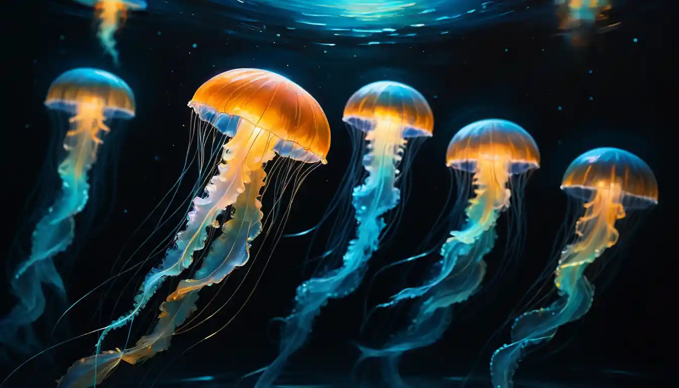 Glowing Jellyfish Floating In A Dark Empty Void
