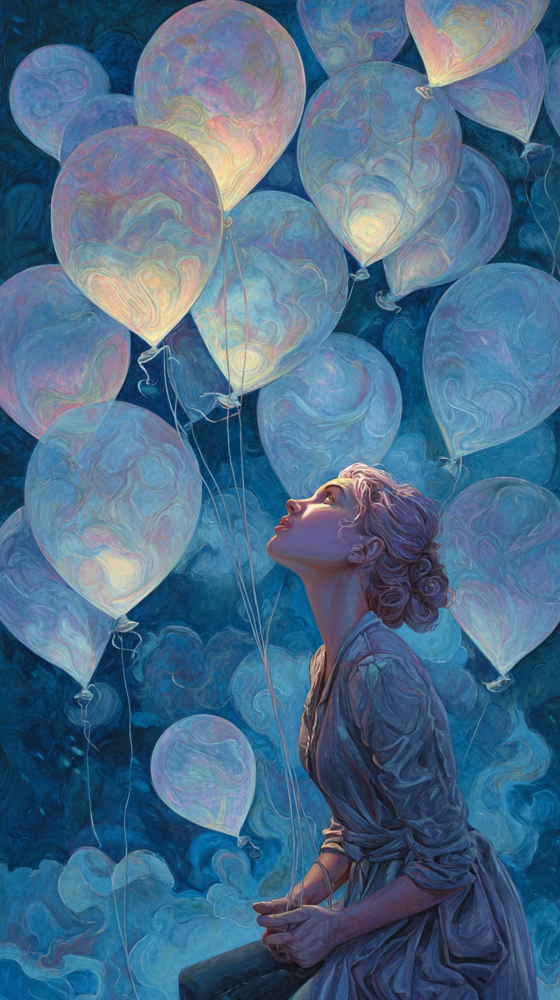 Stylish woman gazing up at surreal glowing falling balloons