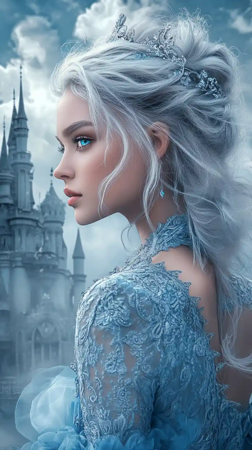 Silver haired girl in blue gown before a cloud castle