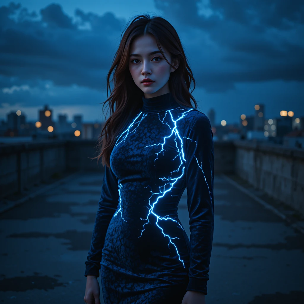 Korean woman in velvet gown on blue hour rooftop